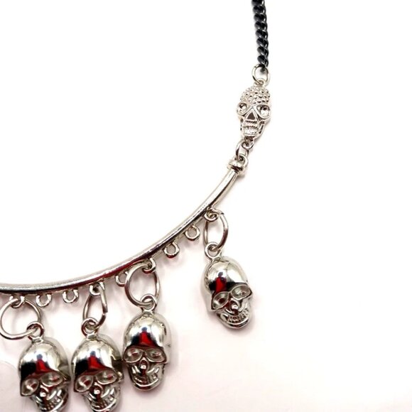 Six Skull Goth Semi Circular Bib Silver + Black Tone Necklace-19 inches - Picture 4 of 7